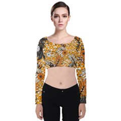 Leaf Yellow Point Flower White Velvet Long Sleeve Crop Top