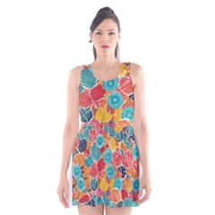 Floral And Leaves Pattern Scoop Neck Skater Dress