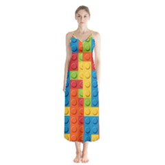 Lego Bricks, Colorful Dots Background Button Up Chiffon Maxi Dress