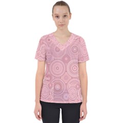 Pink Retro Texture With Circles, Retro Circles Background, Women s V-neck Scrub Top