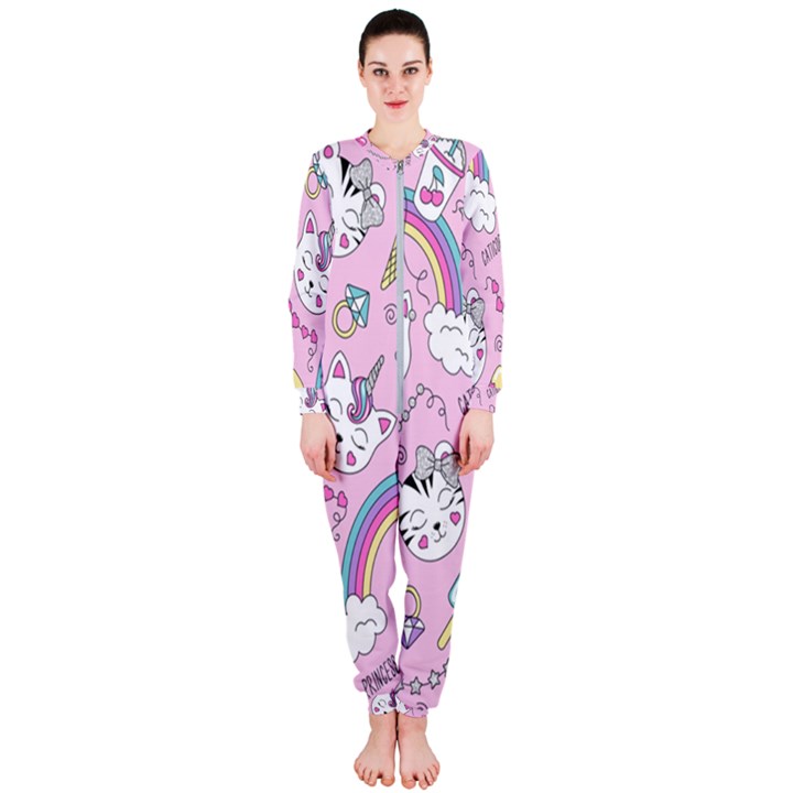 Beautiful Cute Animals Pattern Pink OnePiece Jumpsuit (Ladies)