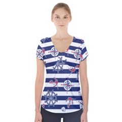 Seamless Marine Pattern Short Sleeve Front Detail Top