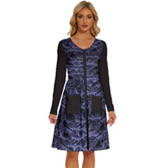 Aliens Entrails ¨c Dark Blue Print Pattern Design Long Sleeve Dress With Pocket by dflcprintsclothing