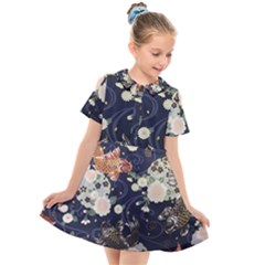 Japanese Wave Koi Illustration Pattern Kids  Short Sleeve Shirt Dress