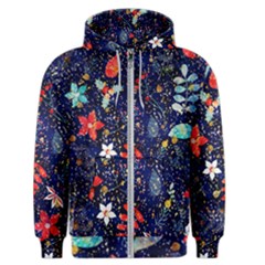 Festive Floral Pattern Christmas Blue Floral Flower Foliage Leaves Pattern Red Snow Winter Men s Zipper Hoodie