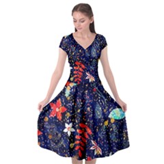 Festive Floral Pattern Christmas Blue Floral Flower Foliage Leaves Pattern Red Snow Winter Cap Sleeve Wrap Front Dress