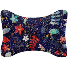 Festive Floral Pattern Christmas Blue Floral Flower Foliage Leaves Pattern Red Snow Winter Seat Head Rest Cushion