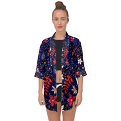 Festive Floral Pattern Christmas Blue Floral Flower Foliage Leaves Pattern Red Snow Winter Open Front Chiffon Kimono