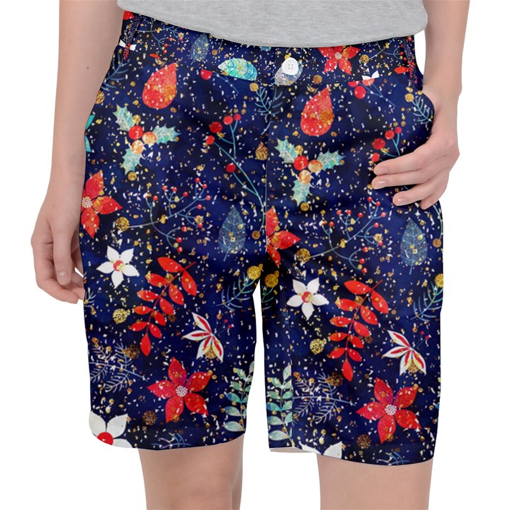 Festive Floral Pattern Christmas Blue Floral Flower Foliage Leaves Pattern Red Snow Winter Women s Pocket Shorts