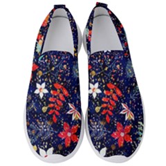 Festive Floral Pattern Christmas Blue Floral Flower Foliage Leaves Pattern Red Snow Winter Men s Slip On Sneakers