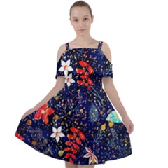 Festive Floral Pattern Christmas Blue Floral Flower Foliage Leaves Pattern Red Snow Winter Cut Out Shoulders Dress