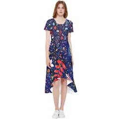 Festive Floral Pattern Christmas Blue Floral Flower Foliage Leaves Pattern Red Snow Winter High Low Boho Dress