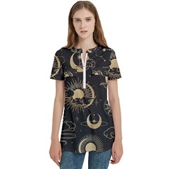 Star Colorful Christmas Abstract Women s Zip Front V-neck Short Sleeve Casual Top Pocket Shirt