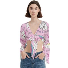 Beautiful Cute Animals Pattern Pink Trumpet Sleeve Cropped Top