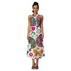 Butterflies, Abstract, Colorful, Floral, Flowers Sleeveless Cross Front Cocktail Midi Chiffon Dress