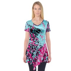 Colorful Splashes Grunge, Abstract Art Short Sleeve Tunic 