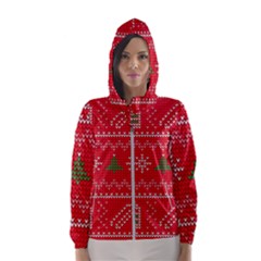 Red Christmas Pattern Xmas Decorations, Christmas Knitted Texture Women s Hooded Windbreaker