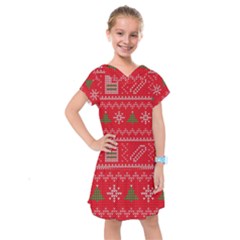 Red Christmas Pattern Xmas Decorations, Christmas Knitted Texture Kids  Drop Waist Dress