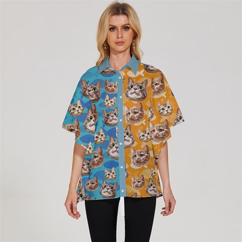 Cat Cute Blue Women s Batwing Button Up Shirt