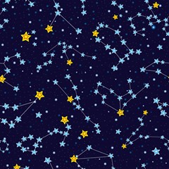 seamless pattern with cartoon zodiac constellations starry sky