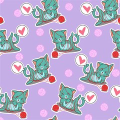 vector seamless cute cat is playing with yarn pattern