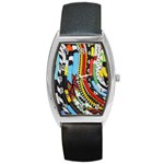 Multi-Colored Beaded Background Black Leather Watch (Tonneau) Front