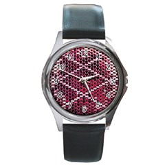 Red Glitter Bling Black Leather Watch (Round)