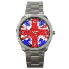 Distressed British Flag Bling Stainless Steel Sports Watch (round)