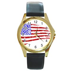 Sparkling American Flag Black Leather Gold Rim Watch (round) by artattack4all