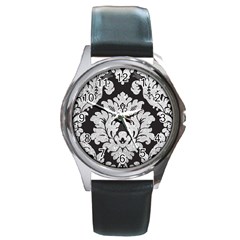 Diamond Bling Glitter On Damask Black Black Leather Watch (round) by artattack4all