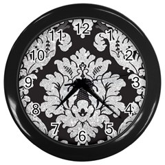 Diamond Bling Glitter On Damask Black Black Wall Clock by artattack4all