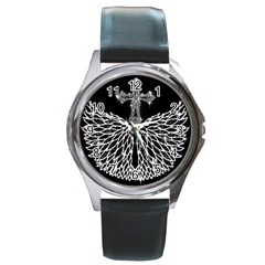 Bling Wings And Cross Black Leather Watch (round) by artattack4all