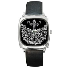 Bling Wings And Cross Black Leather Watch (square) by artattack4all
