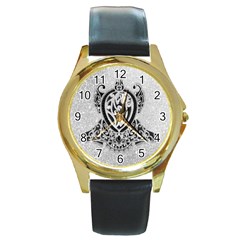 Diamond Bling Lion Black Leather Gold Rim Watch (round) by artattack4all