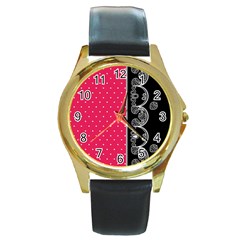 Lace Dots With Black Pink Round Gold Metal Watch by strawberrymilk