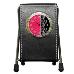 Lace Dots With Black Pink Pen Holder Desk Clock by strawberrymilk