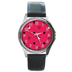 Strawberry Dots Black With Pink Round Metal Watch by strawberrymilk