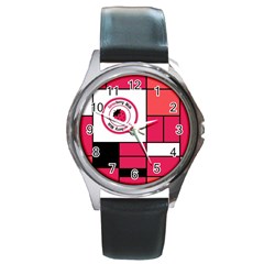 Brand Strawberry Piet Mondrian Pink Black Leather Watch (round) by strawberrymilk
