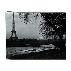 Vintage France Paris Eiffel Tour & Seine At Dusk 1970 Extra Large Makeup Purse