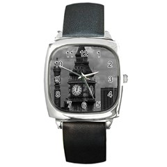 Vintage Uk England London The Post Office Tower Big Ben Black Leather Watch (square) by Vintagephotos