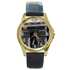 Vintage France Paris Triumphal Arch  Place De L etoile Black Leather Gold Rim Watch (round) by Vintagephotos