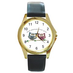 Owl Always Love You, Cute Owls Black Leather Gold Rim Watch (round)