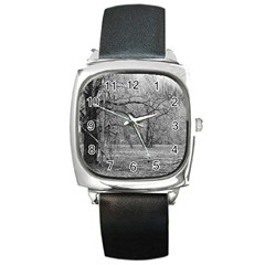 Black And White Forest Black Leather Watch (square)