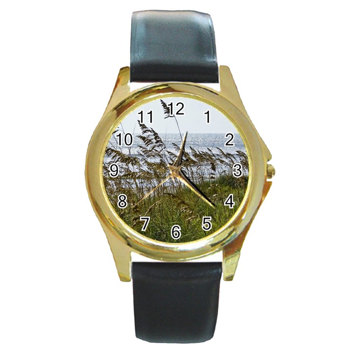 Cocoa Beach, Fl Black Leather Gold Rim Watch (Round)