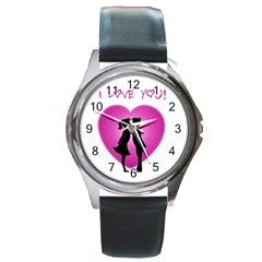 I Love You Kiss Black Leather Watch (round) by anasuya