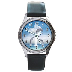 The Heart Of The Dolphins Round Metal Watch (silver Rim)