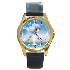 The Heart Of The Dolphins Round Metal Watch (gold Rim) 