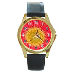 A Red Flower Round Metal Watch (gold Rim)  by natureinmalaysia