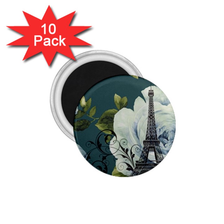 Blue roses vintage Paris Eiffel Tower floral fashion decor 1.75  Button Magnet (10 pack)