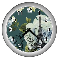 Blue Roses Vintage Paris Eiffel Tower Floral Fashion Decor Wall Clock (silver)